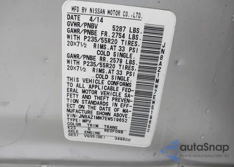 2014 Nissan Murano Le from USA, damaged, VIN JN8AZ1MW7EW519652